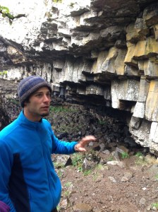 Before dinner, David, our French guide, took a few of us willing to brave more hiking and weather to a nearby waterfall that cascades over columnar basalt.