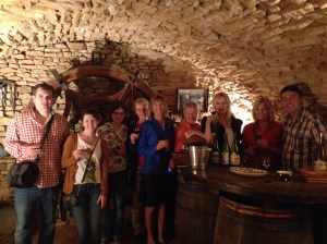Sampling wines in Etienne's cellar